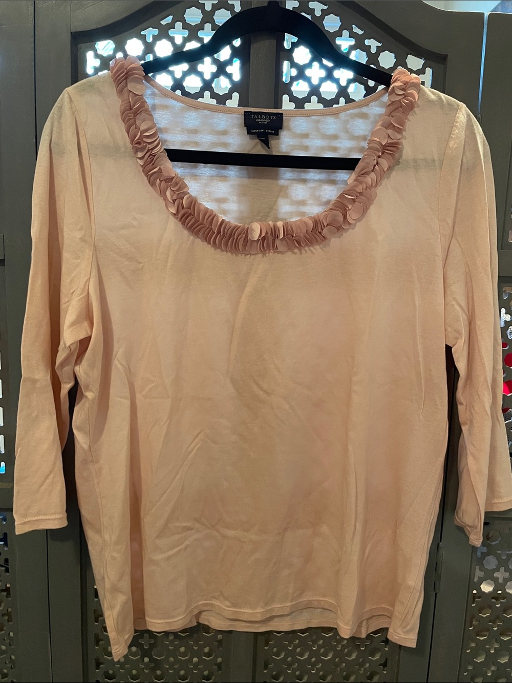Talbots Blush Pink Long-Sleeve Scoop Neck Top with Rosette Trim
